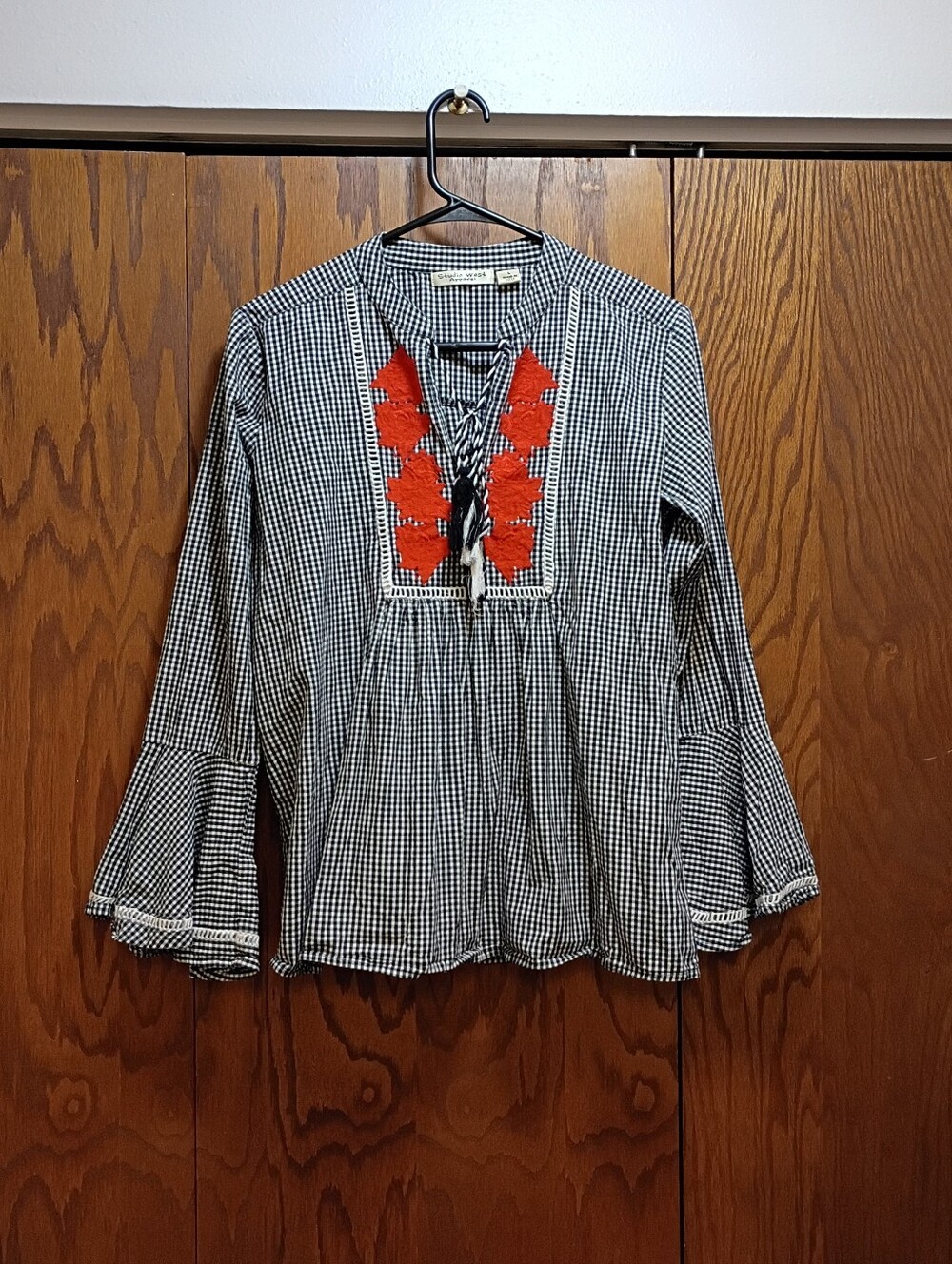 Black & White Gingham Tunic with Red Embroidery